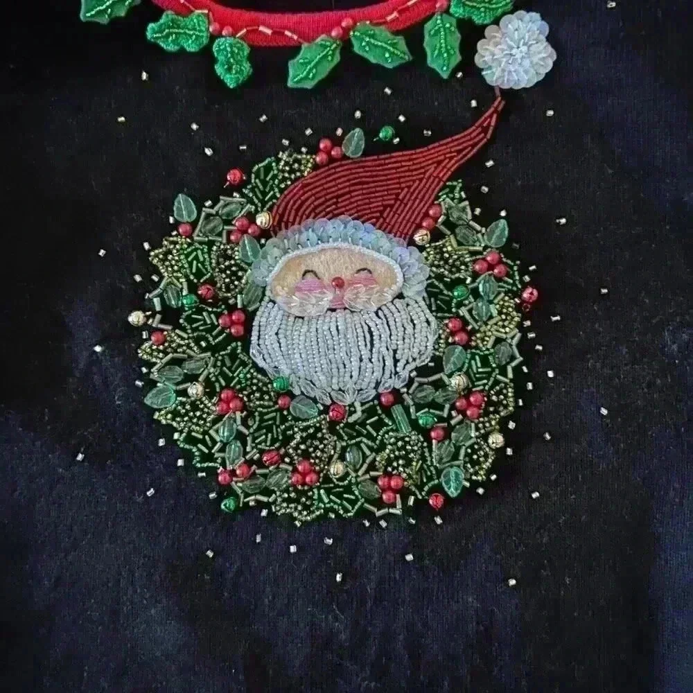 Christmas Sweater Beaded Santa Holly and Jingle Bells Shoulder Pads Size Medium